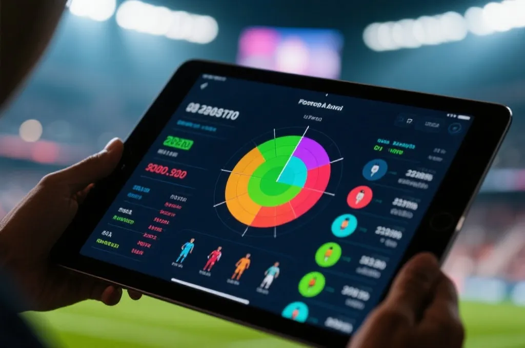A sports enthusiast analyzing football statistics on a tablet with colorful predictive graphs